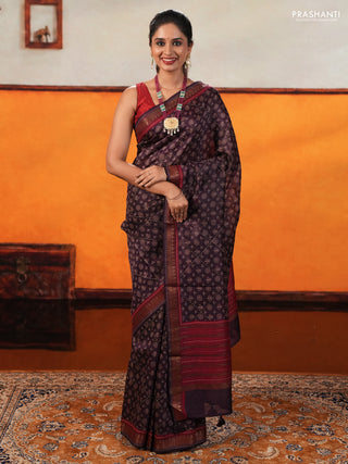 Purple & Maroon Pure Munga Tussar Silk - Kantha Embroidery
