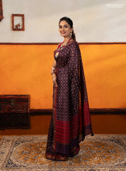 Purple & Maroon Pure Munga Tussar Silk - Kantha Embroidery