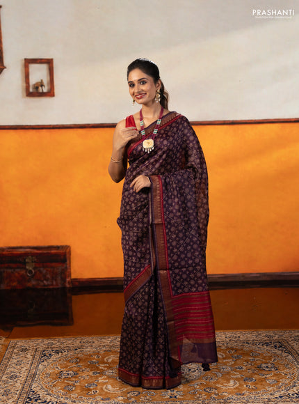 Purple & Maroon Pure Munga Tussar Silk - Kantha Embroidery