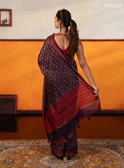 Purple & Maroon Pure Munga Tussar Silk - Kantha Embroidery