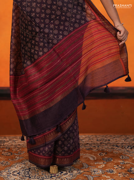 Purple & Maroon Pure Munga Tussar Silk - Kantha Embroidery
