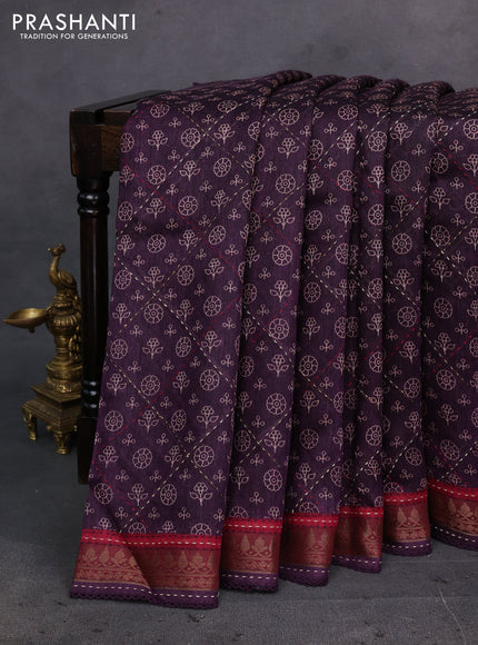 Purple & Maroon Pure Munga Tussar Silk - Kantha Embroidery