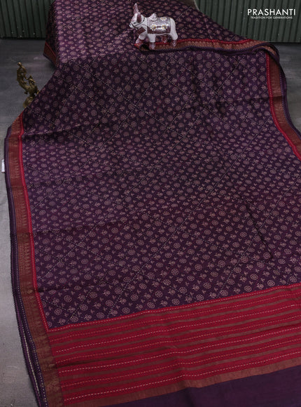 Purple & Maroon Pure Munga Tussar Silk - Kantha Embroidery