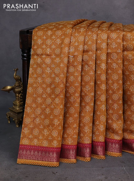 Mustard Yellow & Maroon Pure Munga Tussar Silk - Kantha Embroidery