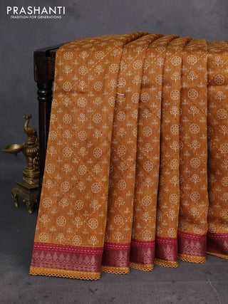 Mustard Yellow & Maroon Pure Munga Tussar Silk - Kantha Embroidery