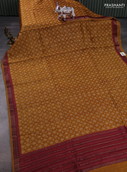 Mustard Yellow & Maroon Pure Munga Tussar Silk - Kantha Embroidery