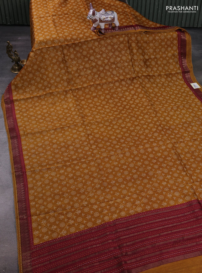 Mustard Yellow & Maroon Pure Munga Tussar Silk - Kantha Embroidery