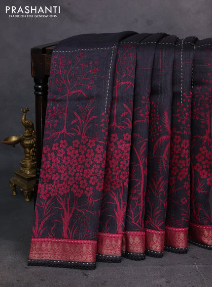 Black & Maroon Pure Munga Tussar Silk - Kantha Embroidery