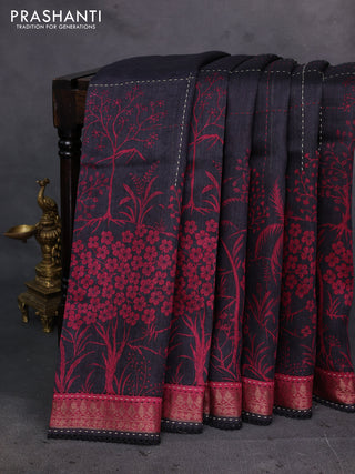 Black & Maroon Pure Munga Tussar Silk - Kantha Embroidery