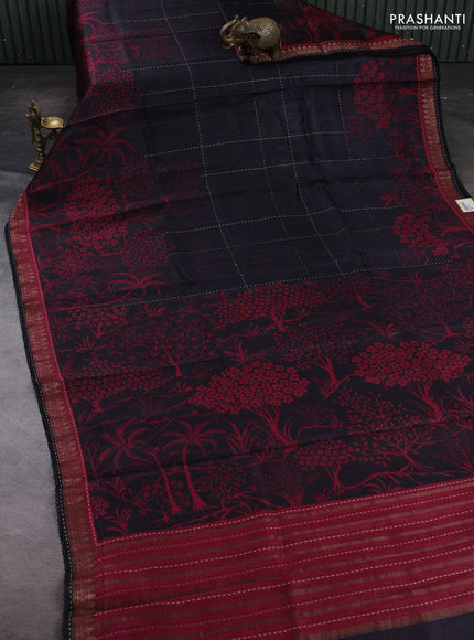 Black & Maroon Pure Munga Tussar Silk - Kantha Embroidery