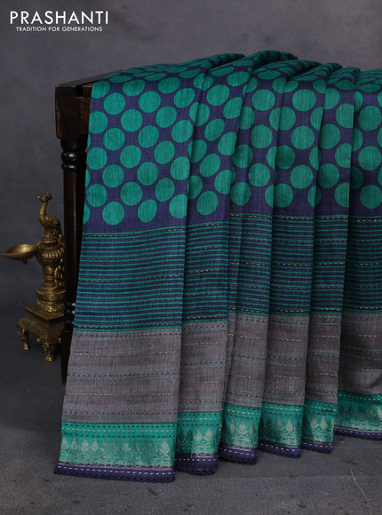 Navy Blue & Green Pure Munga Tussar Silk - Kantha Embroidery