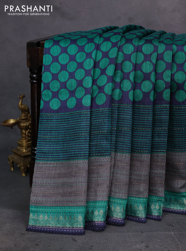 Navy Blue & Green Pure Munga Tussar Silk - Kantha Embroidery