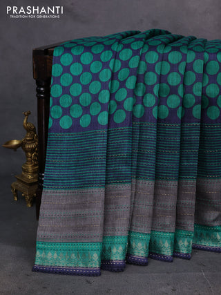 Navy Blue & Green Pure Munga Tussar Silk - Kantha Embroidery