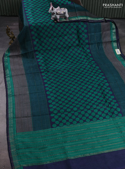 Navy Blue & Green Pure Munga Tussar Silk - Kantha Embroidery
