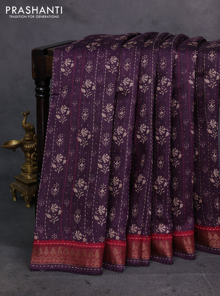 Purple & Maroon Pure Munga Tussar Silk - Kantha Embroidery