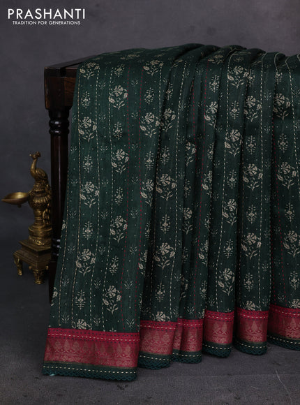 Bottle Green & Maroon Pure Munga Tussar Silk - Kantha Embroidery
