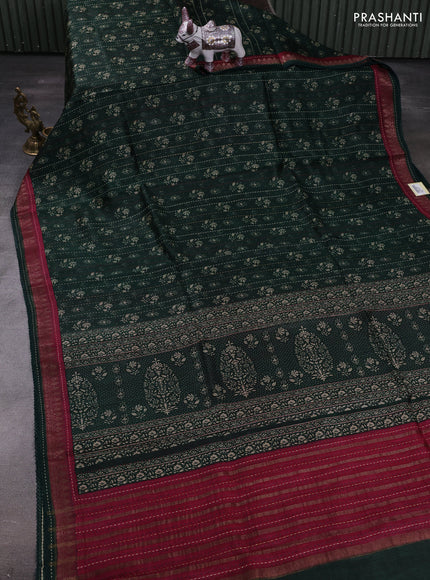Bottle Green & Maroon Pure Munga Tussar Silk - Kantha Embroidery