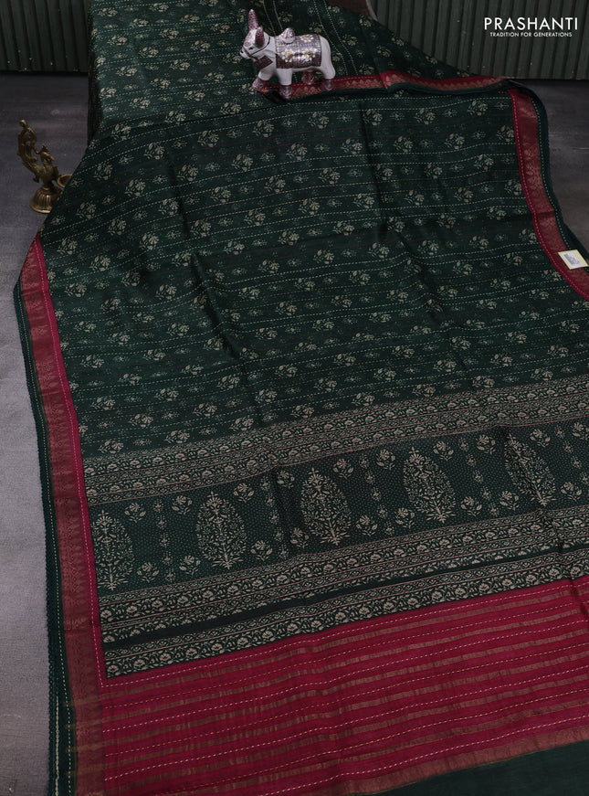 Bottle Green & Maroon Pure Munga Tussar Silk - Kantha Embroidery