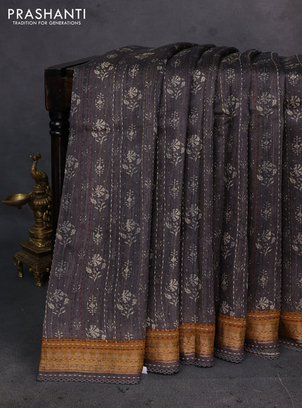 Grey & Mustard Yellow Pure Munga Tussar Silk - Kantha Embroidery