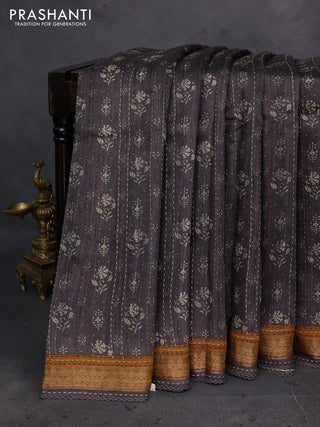 Grey & Mustard Yellow Pure Munga Tussar Silk - Kantha Embroidery