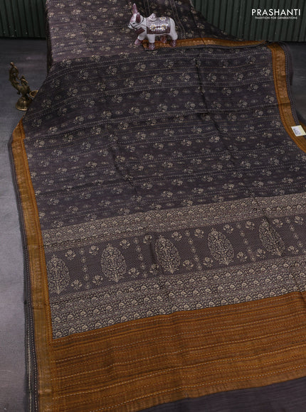 Grey & Mustard Yellow Pure Munga Tussar Silk - Kantha Embroidery