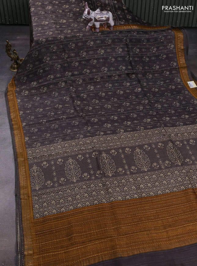 Grey & Mustard Yellow Pure Munga Tussar Silk - Kantha Embroidery