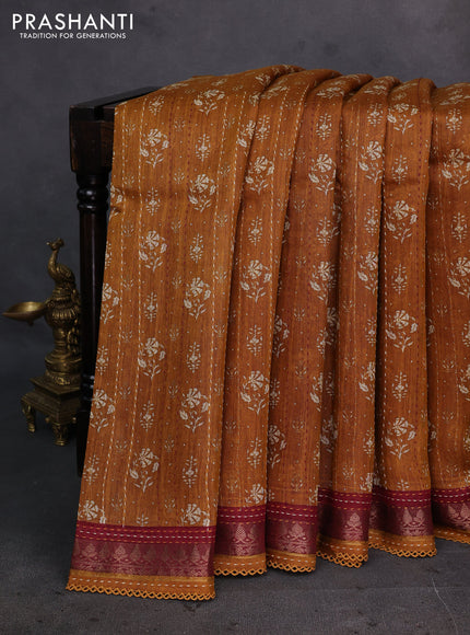 Mustard Yellow & Maroon Pure Munga Tussar Silk - Kantha Embroidery