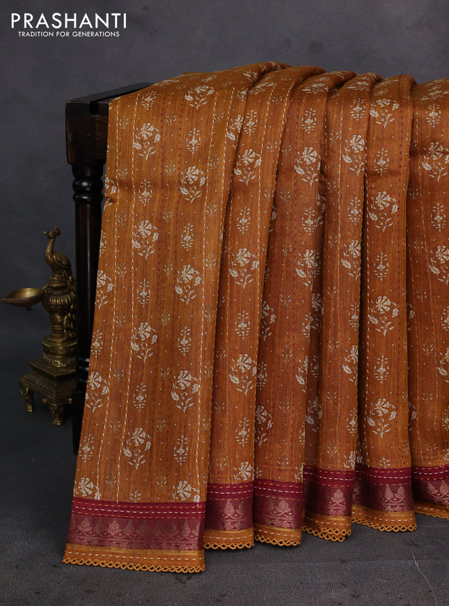 Mustard Yellow & Maroon Pure Munga Tussar Silk - Kantha Embroidery