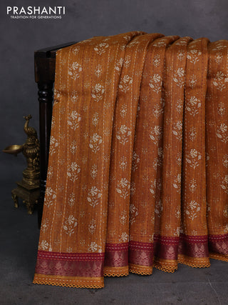 Mustard Yellow & Maroon Pure Munga Tussar Silk - Kantha Embroidery