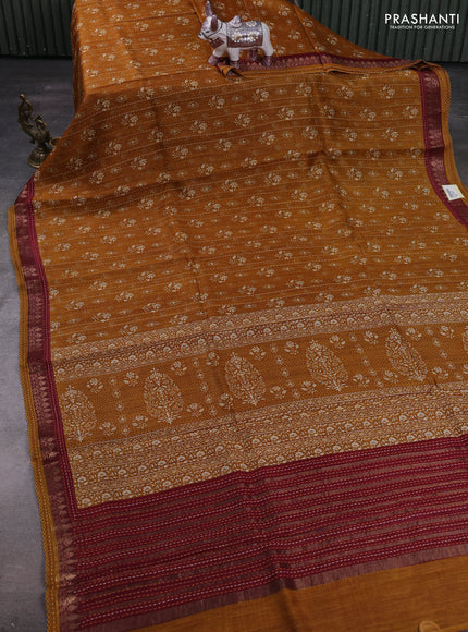Mustard Yellow & Maroon Pure Munga Tussar Silk - Kantha Embroidery