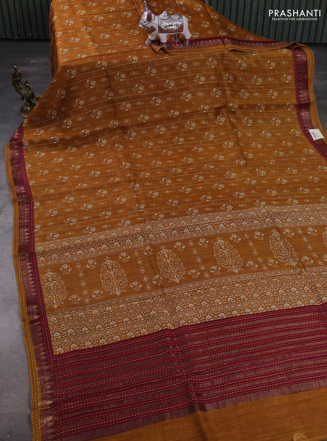 Mustard Yellow & Maroon Pure Munga Tussar Silk - Kantha Embroidery