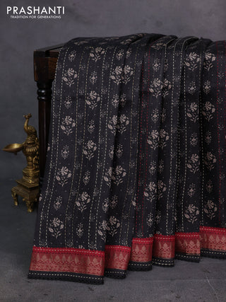 Black & Maroon Pure Munga Tussar Silk - Kantha Embroidery