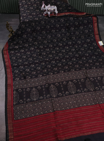 Black & Maroon Pure Munga Tussar Silk - Kantha Embroidery