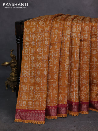 Mustard Yellow & Maroon Pure Munga Tussar Silk - Kantha Embroidery