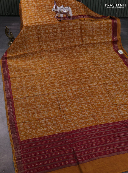 Mustard Yellow & Maroon Pure Munga Tussar Silk - Kantha Embroidery