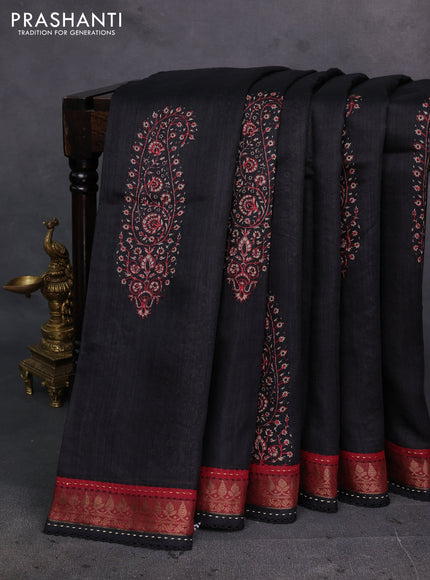 Black & Maroon Pure Munga Tussar Silk - Kantha Embroidery