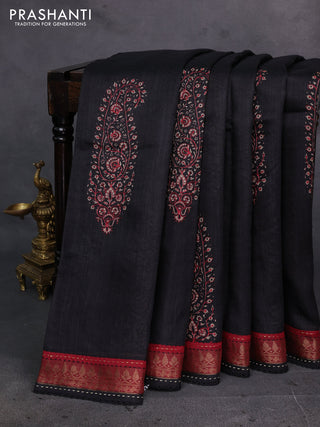 Black & Maroon Pure Munga Tussar Silk - Kantha Embroidery