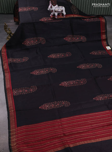 Black & Maroon Pure Munga Tussar Silk - Kantha Embroidery