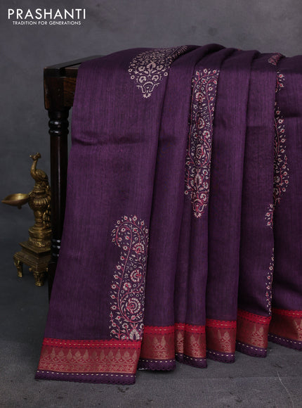 Purple & Maroon Pure Munga Tussar Silk - Kantha Embroidery