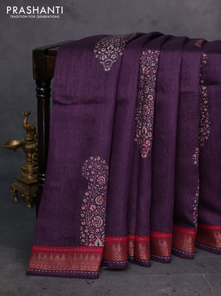 Purple & Maroon Pure Munga Tussar Silk - Kantha Embroidery
