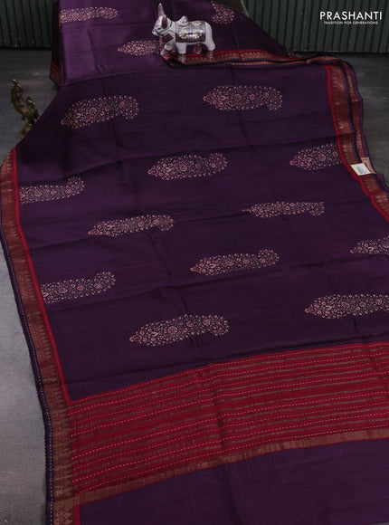 Purple & Maroon Pure Munga Tussar Silk - Kantha Embroidery