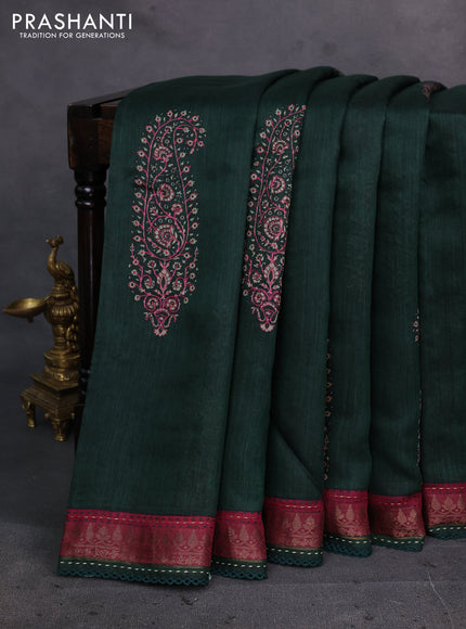 Bottle Green & Maroon Pure Munga Tussar Silk - Kantha Embroidery