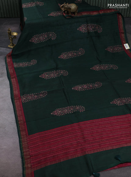 Bottle Green & Maroon Pure Munga Tussar Silk - Kantha Embroidery