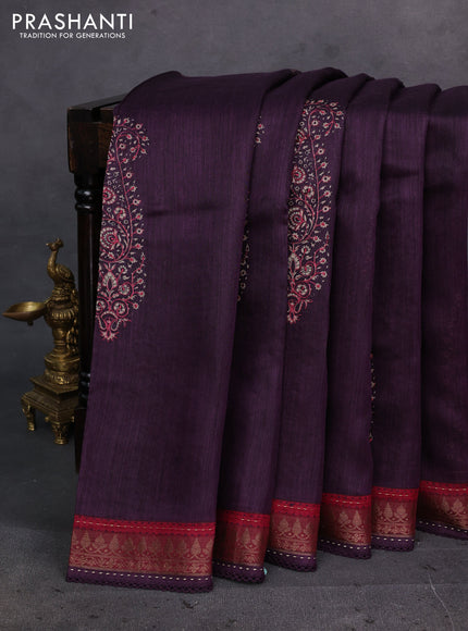 Purple & Maroon Pure Munga Tussar Silk - Kantha Embroidery