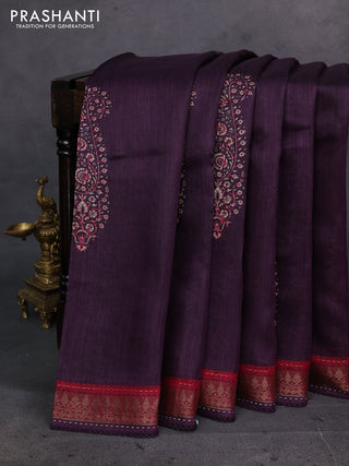 Purple & Maroon Pure Munga Tussar Silk - Kantha Embroidery