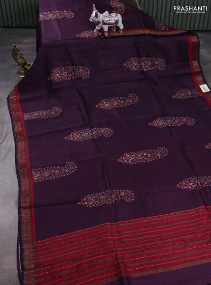 Purple & Maroon Pure Munga Tussar Silk - Kantha Embroidery