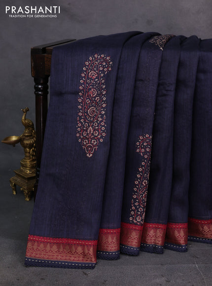 Navy Blue & Maroon Pure Munga Tussar Silk - Kantha Embroidery