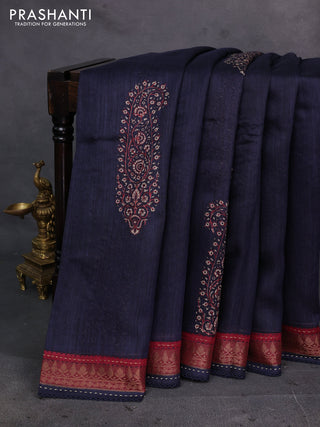 Navy Blue & Maroon Pure Munga Tussar Silk - Kantha Embroidery