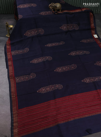 Navy Blue & Maroon Pure Munga Tussar Silk - Kantha Embroidery
