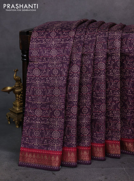 Purple & Maroon Pure Munga Tussar Silk - Kantha Embroidery